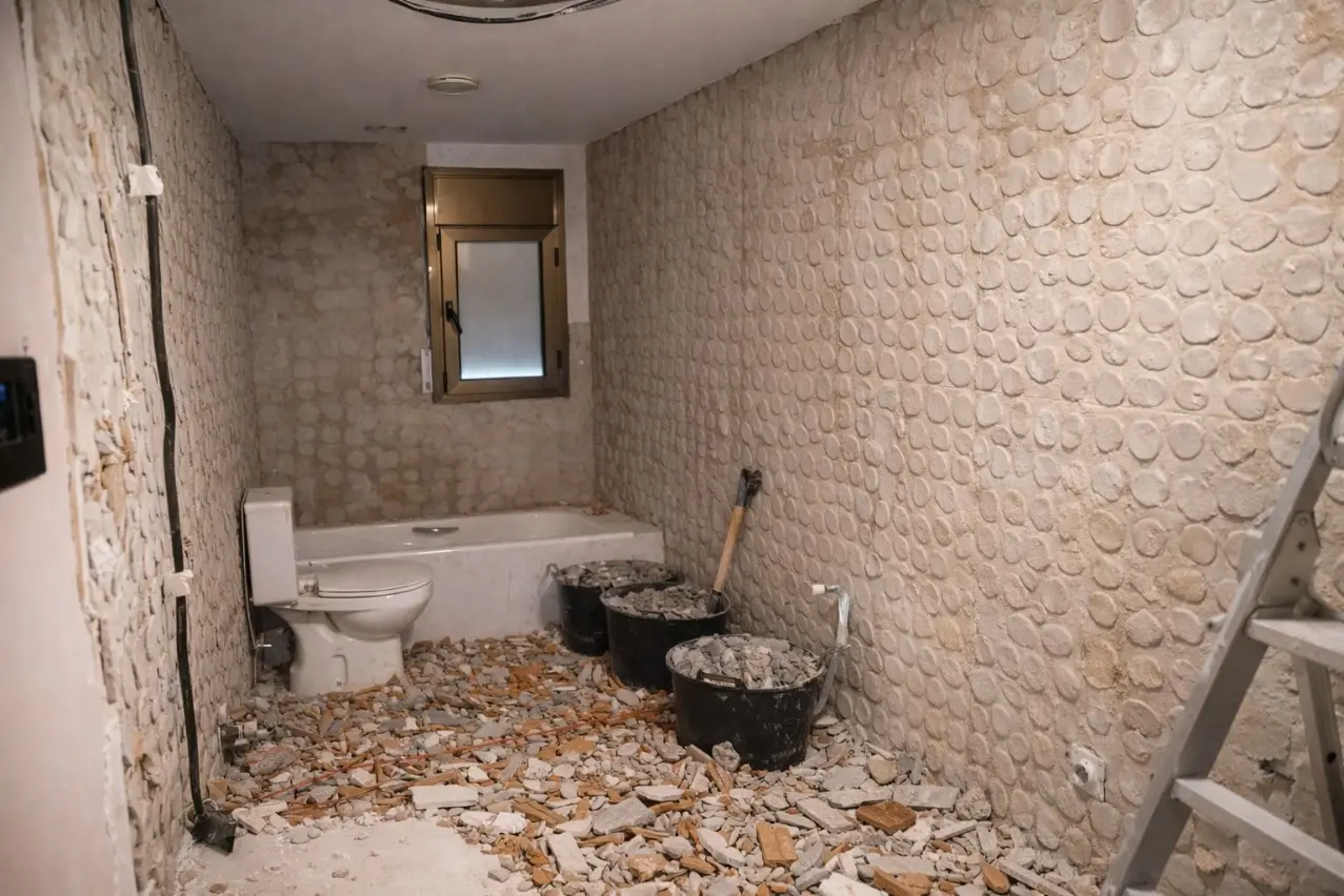 Baño en proceso de reforma para cambiar bañera por plato de ducha