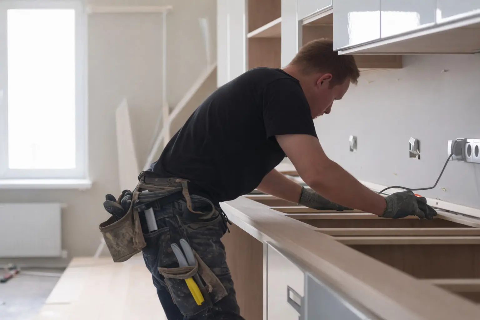 trabajador instalando muebles en reforma de cocina