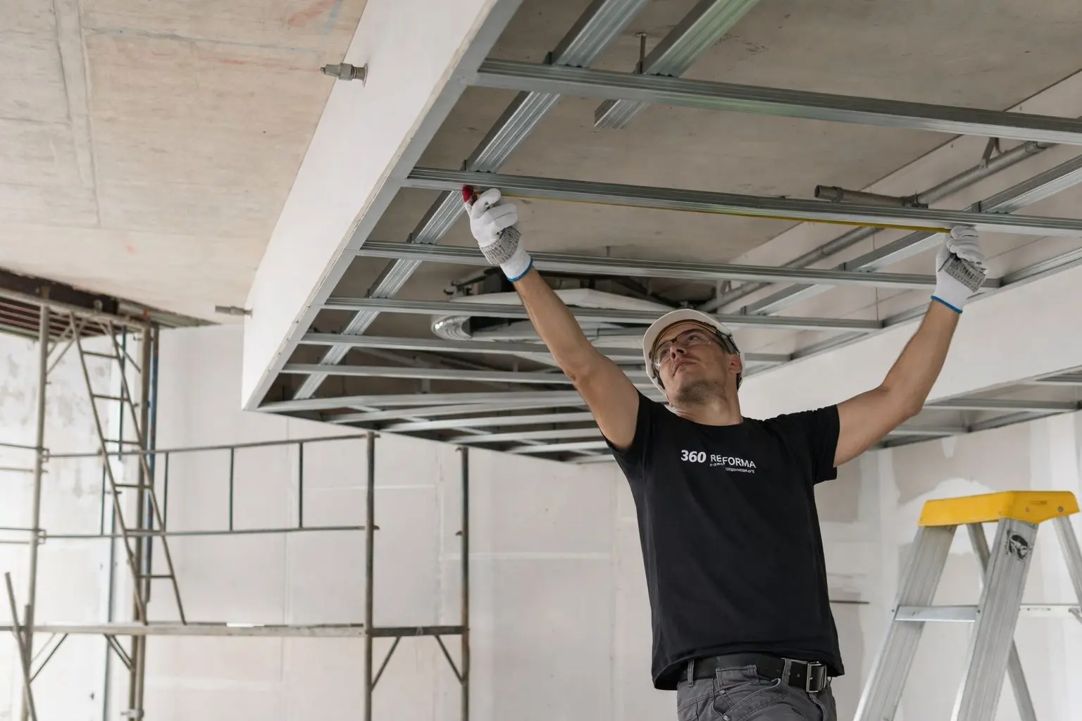 Montaje de estructura para falso techo de pladur en reforma